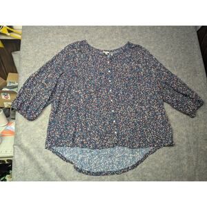 St Johns Bay Womens Blue T-Shirt Floral Long Sleeve Crew Neck Size 3X Button